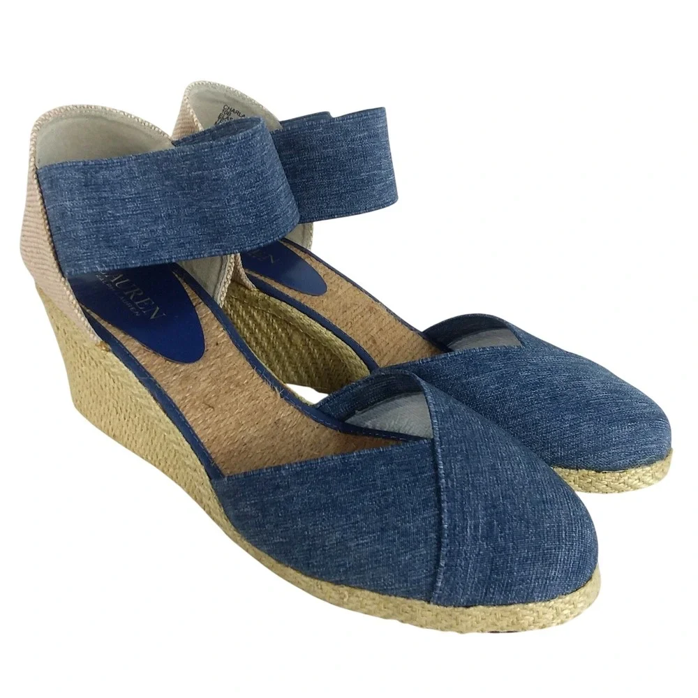Lauren Ralph Lauren‎ Charla Denim Blue Wedge Sandals Women's 10B Ankle Strap